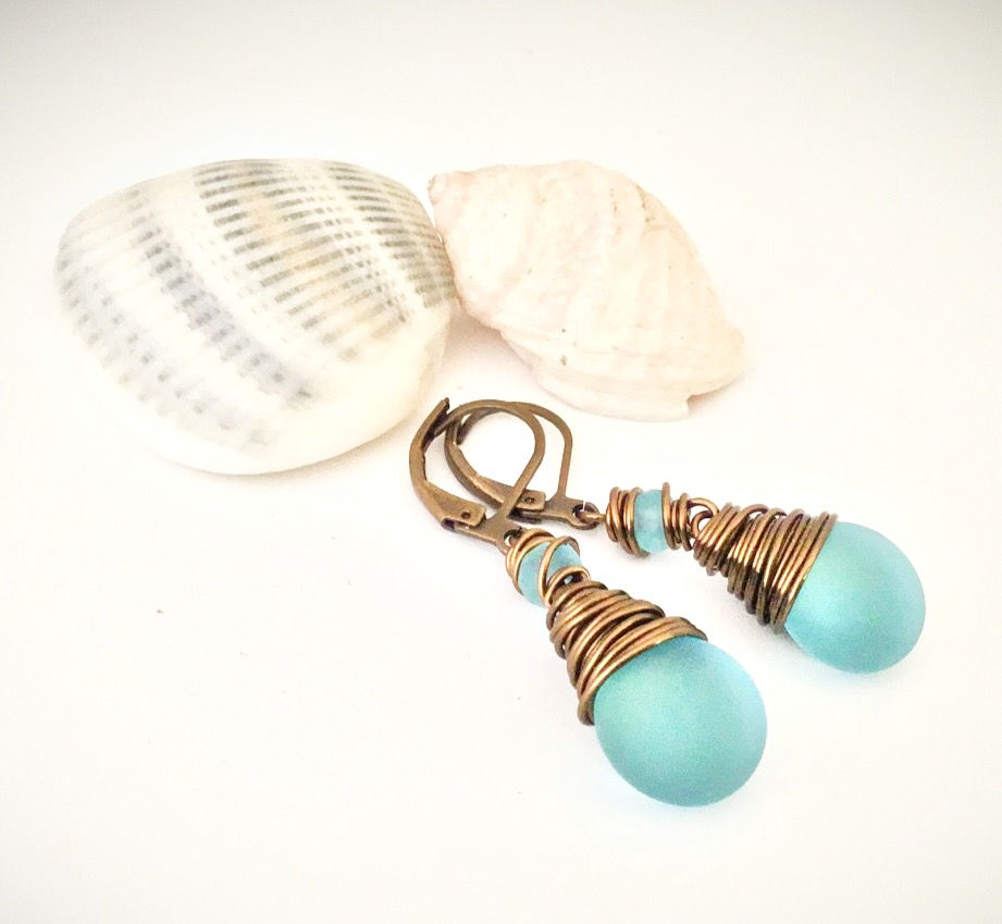 Thumbnail: Antique Brass Frosted Drop Wire Wrapped Earring