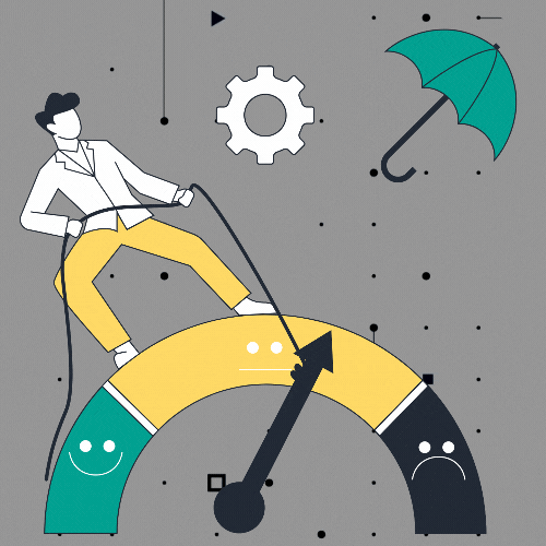 An illustration depicting a man managing a risk meter, symbolising the balance between threats and safeguards