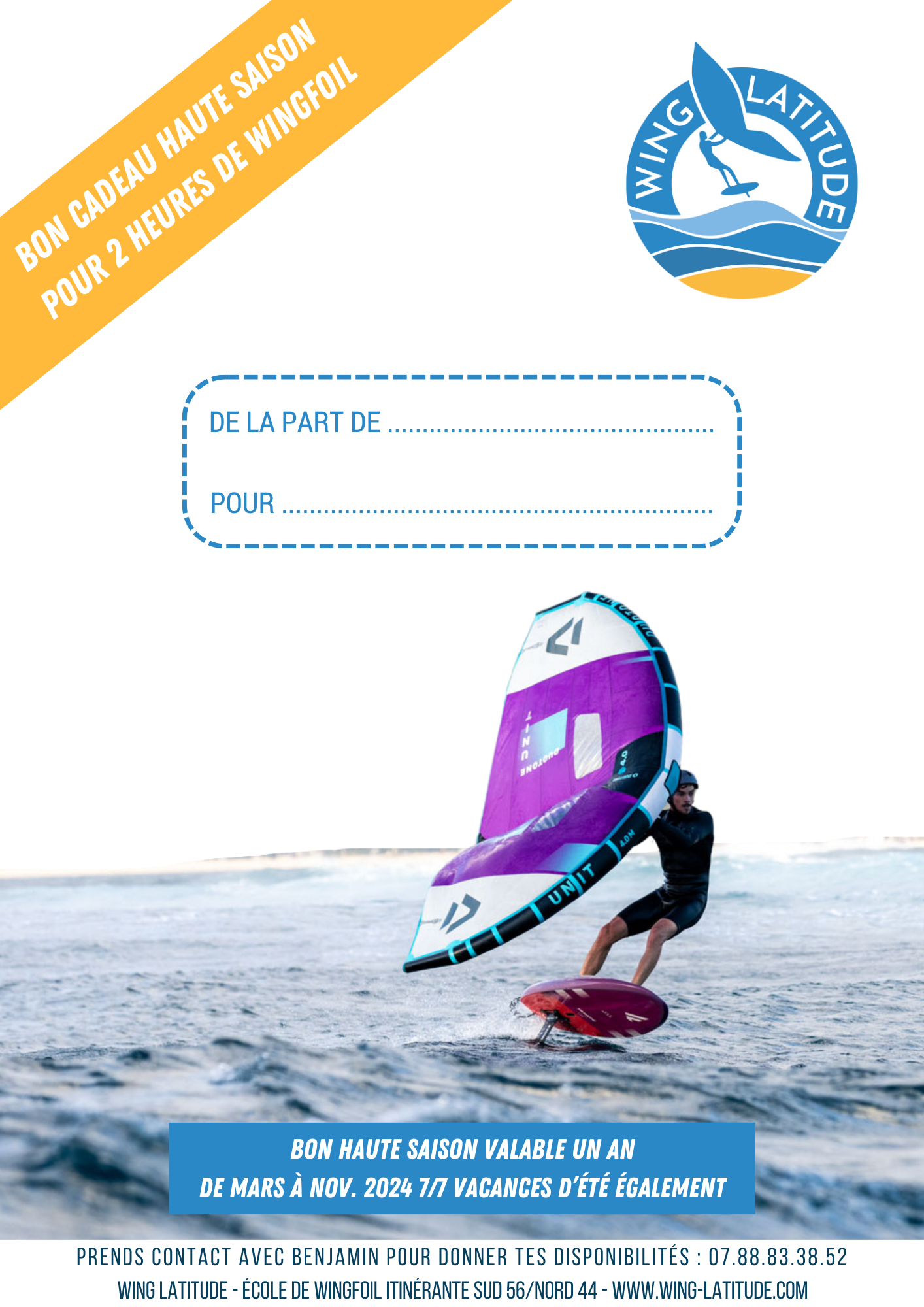 Bon cadeau pour un cours de wingfoil avec Wing Latitude niveau débutant ou intermédiaire