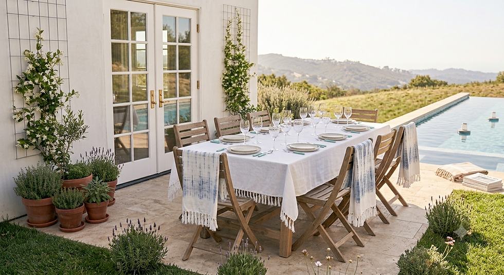 Mesa de verão junto à piscina em ambiente mediterrânico