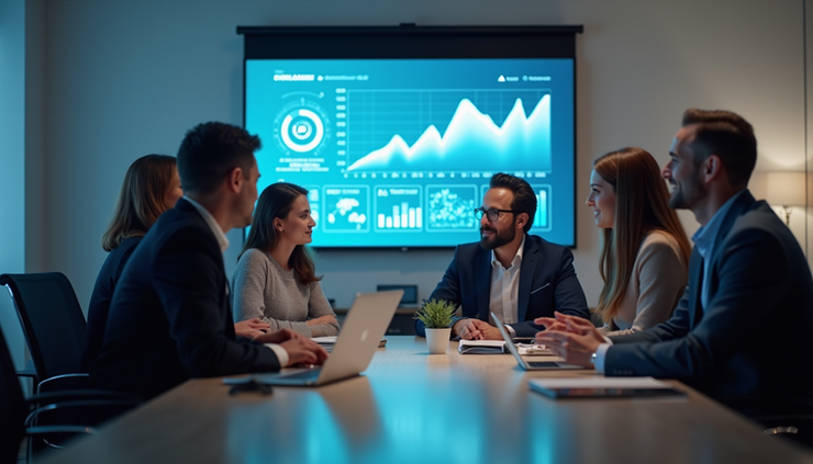 Eye-level view of a conference room with diverse team members collaborating around a digital screen displaying AI data