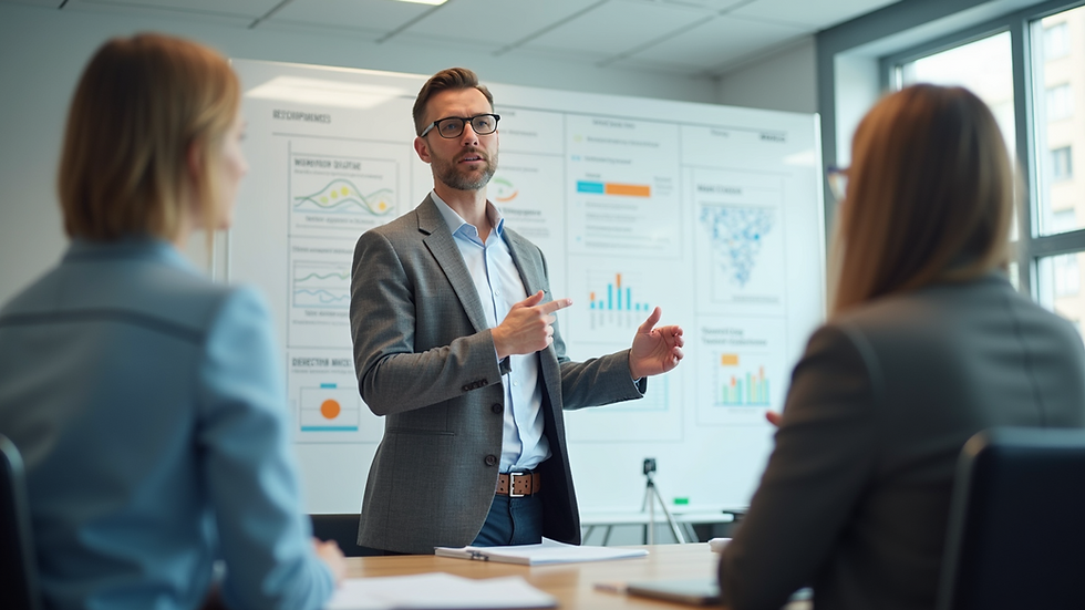 Eye-level view of a consultant presenting marketing strategy on a whiteboard