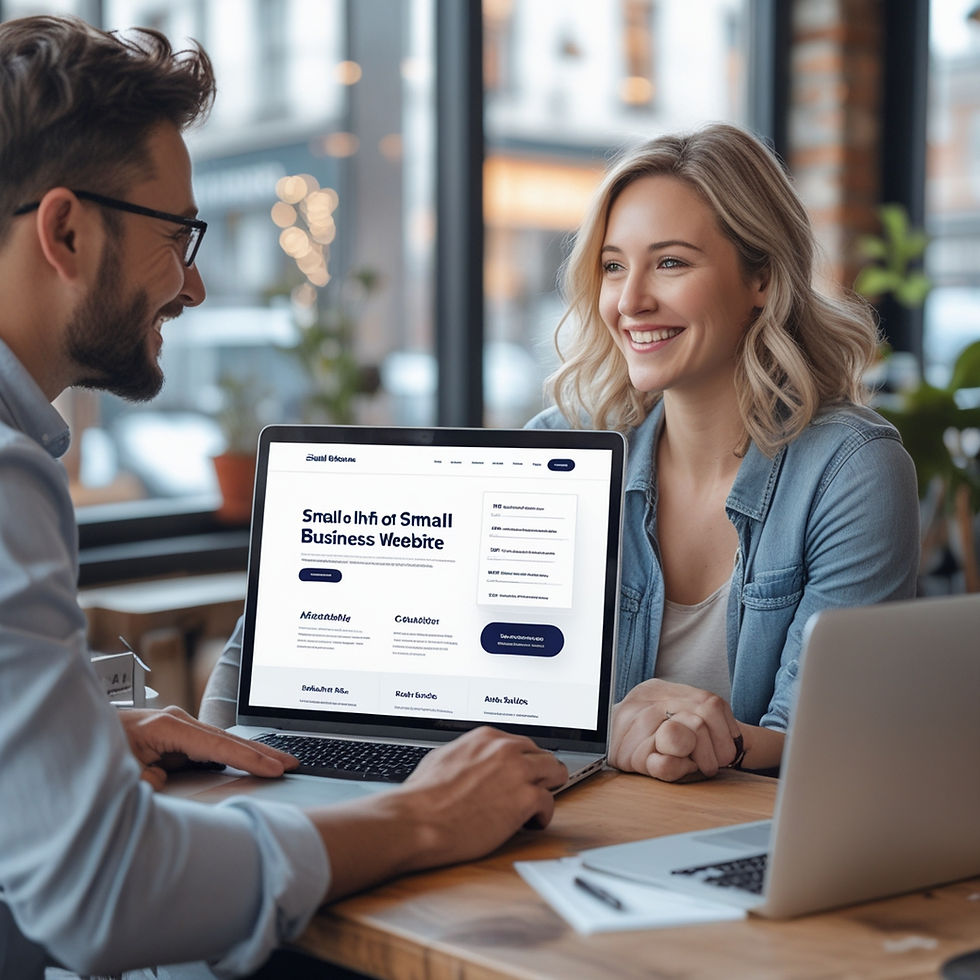 Web designer showing an affordable website layout to a small business owner on a laptop, highlighting budget-friendly web design solutions.