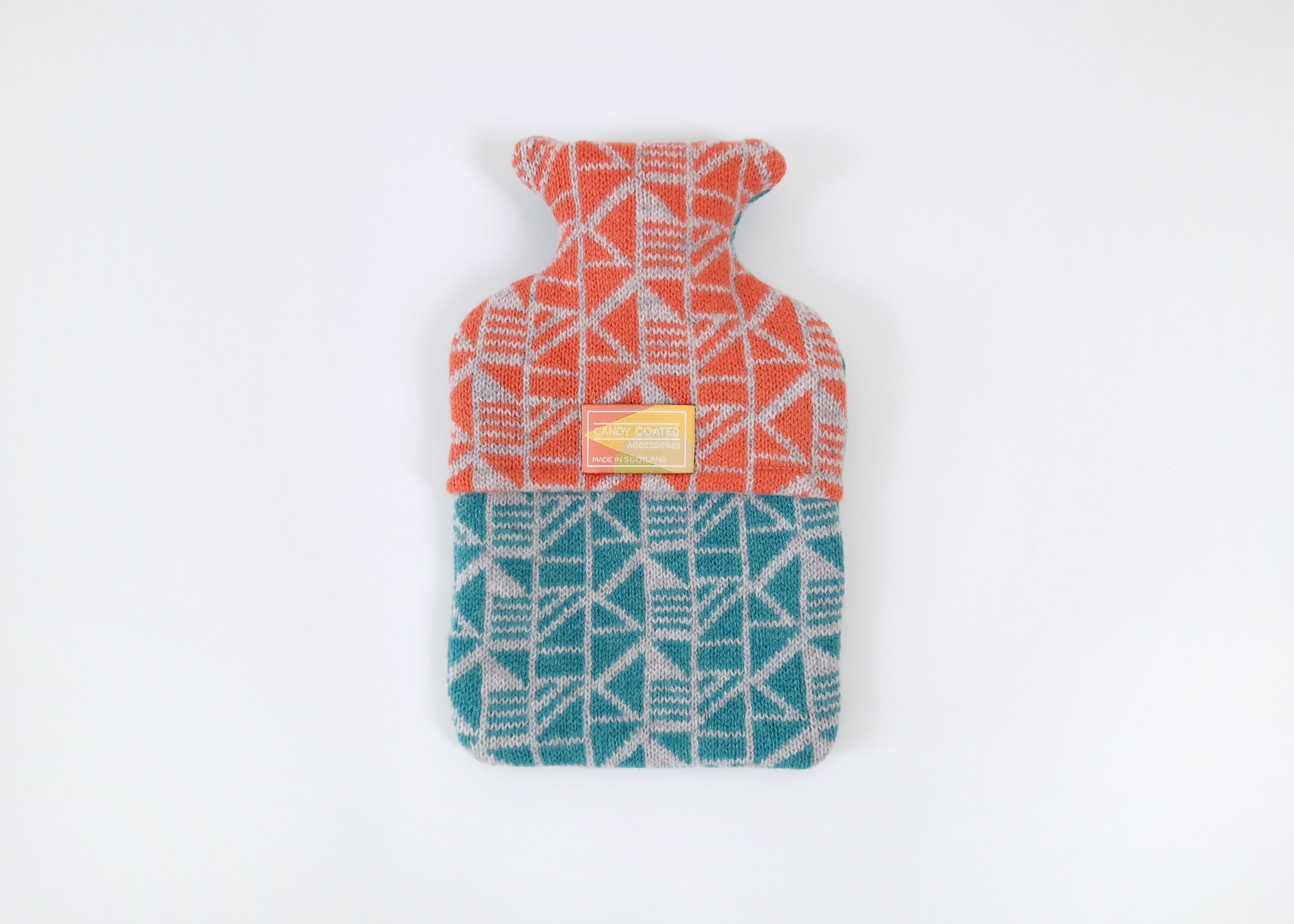Green and Coral Geometric patterned 1L knitted hot water bottle cover back