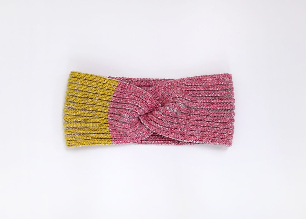 Twist headband in Pink and grey marl effect colourway with yellow highlight stripe. Rib knitted in 100% Lambswool.