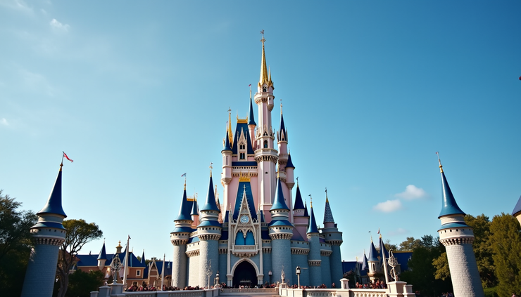 Eye-level view of Cinderella Castle at Disney World with clear blue sky