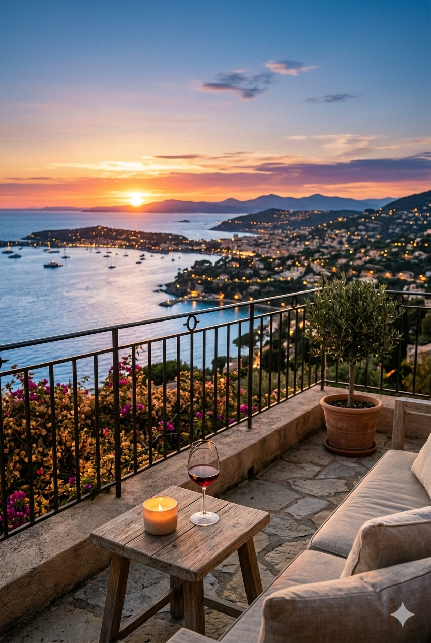 Sunset in Cannes from a terrace of the beautiful apartment