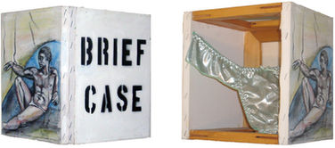 BRIEF CASE
A wall hanging open box made of joined canvases. Frontal is a painting, right side text, left side is the inside view into the case. Photographed by 2 angels.
1997, Mixed media on canvas
10 x 8 x 8 inches