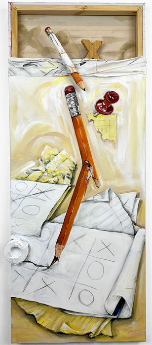 A Painting: “Mounting Frustration" is both a depiction of objects and a layered exploration of the liminal space between thought and tangible reality. Two joined canvases, presented simultaneously in front and back, create a narrative. This narrative explores the tangible manifestations of internal states and intangible emotions. Ordinary objects – a broken pencil, a game in progress, and remnants of attempts – are elevated beyond their mundane roles. They become symbols of thwarted intent, of the creative process interrupted or the frustration of repeated, unresolved attempts.
The unique construction of the canvas allows for a simultaneous viewing of both surface and structure, revealing the work's inherent duality. This duality is further emphasized as objects emerge from the painted plane, evolving from 2D depictions into their corporeal form, bridging the gap between illusion and reality.
"Mounting Frustration" is an attempt to externalize the internal, to give form to invisible tensions that arise from the relentless pursuit of resolution, and from the struggle to reconcile vision with reality. It is a visual manifestation of the moments where the line between aspiration and frustration blurs, and the objects of our daily lives become imbued with the weight of our emotions.