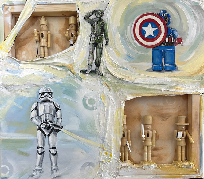 This work plays with the layers of childhood memory and cultural icons. The wooden nutcracker soldiers stand in contrast to the painted figures of a stormtrooper, Captain America, and a classic soldier, caught between the handmade and the mass-produced. The torn canvas reveals the frame and the raw wood behind, breaking the illusion of a finished surface.
The toys reflect shifting meanings over time—innocence, conflict, heroism—but also how these images circulate and evolve. The work holds the tension between nostalgia and the reality behind the symbols we use to understand the world.