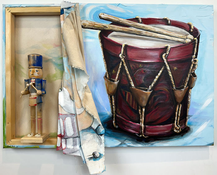 This two-panel artwork blends 2D and 3D elements on both the front and back of joined canvases, offering a dynamic experience where both sides can be viewed simultaneously. Part of a series that uncovers hidden narratives in everyday objects. Examining layers of meaning, symbolisim and the heavy connotations carried by an animate object. A journey through perspectives of layered storytelling, the piece invites viewers to explore the sedements and implications inherent in an everyday object.