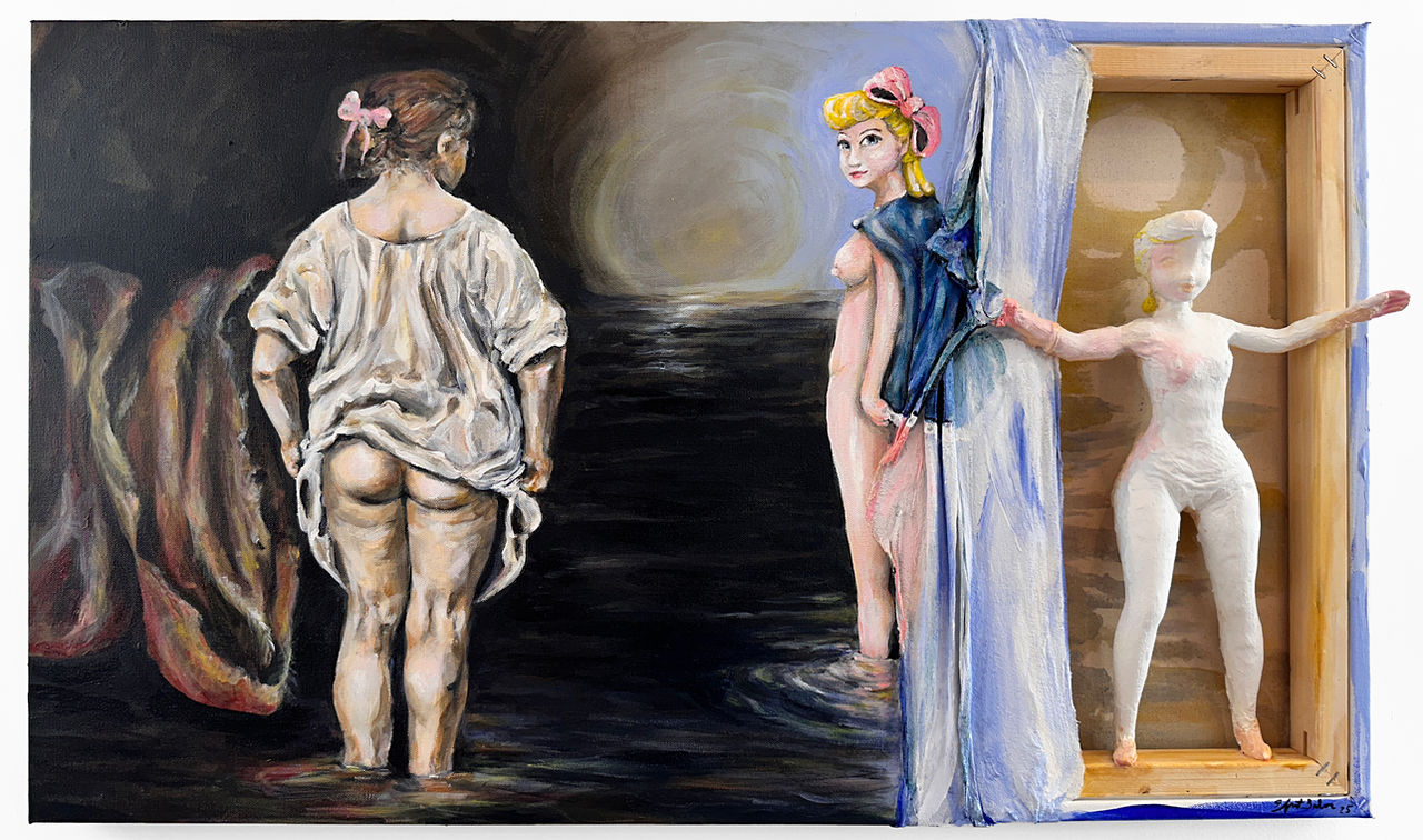 This work brings together a figure based on Rembrandt’s A Woman Bathing in a Stream and Little Bo Peep from Toy Story to explore how female representation shifts across time and media. Bo Peep appears both as a stylized figure within the painting and as a found object—a mass-produced toy—blurring the line between image and object.
By folding time across eras, the piece stages an encounter between past and present, classical painting and commercial animation. It reflects on how cultural icons evolve, how bodies are depicted, and how meaning transforms through repetition, nostalgia, and the passage of time.