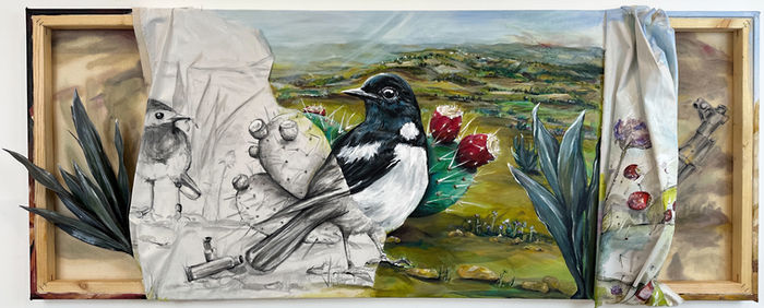 “Multiverse of a Homeland”
Three canvases, joined to reveal both front and back simultaneously, form a layered narrative. This artwork explores the multifaceted history of a place, weaving together actual and perceived experiences, memories, and imagined futures.
Snippets and layers of imagery carry individual emotional weight and stories. The painting portrays a homeland where time, history, and shared memories shape the landscape. These elements create a complex tapestry of details that both blend and contrast.
The interplay of two-dimensional and three-dimensional elements symbolizes the delicate balance between past and present, real and imagined, highlighting the enduring impact of our deepest connections and experiences.
Prickly pears and wagtail birds, harbingers of fall in the Middle East, are rendered in various forms and styles across the layers. Bullet cases and the barrel of a rifle appear intermittently, adding another layer of meaning to this multiverse of canvases, paint, sketches, and washes.