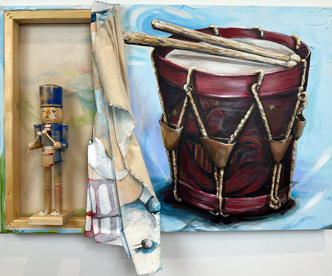 This two-panel artwork blends 2D and 3D elements on both the front and back of joined canvases, offering a dynamic experience where both sides can be viewed simultaneously. Part of a series that uncovers hidden narratives in everyday objects. Examining layers of meaning, symbolisim and the heavy connotations carried by an animate object. A journey through perspectives of layered storytelling, the piece invites viewers to explore the sedements and implications inherent in an everyday object.