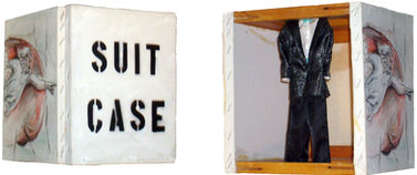 SUITE CASE
A wall hanging open box made of joined canvases. Frontal is a painting, right side text, left side is the inside view into the case.
1997, Mixed media on canvas
10 x 8 x 8 inches