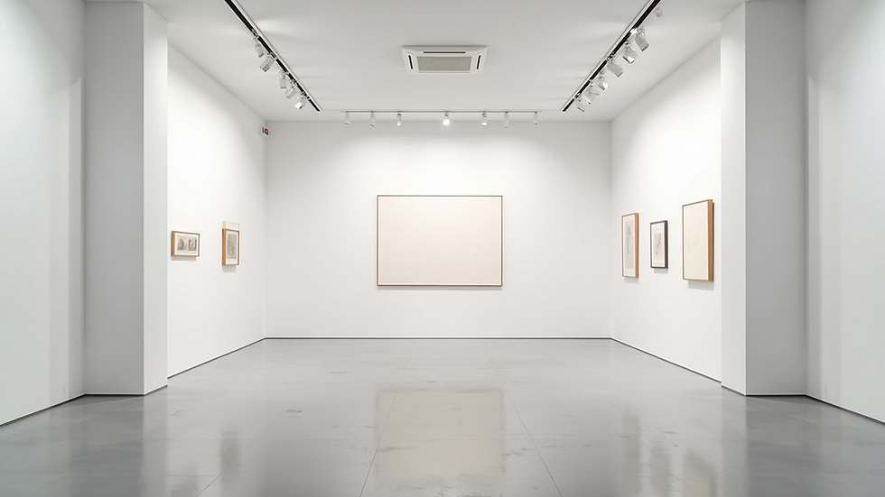 High angle view of an art gallery with minimalist decor and white walls