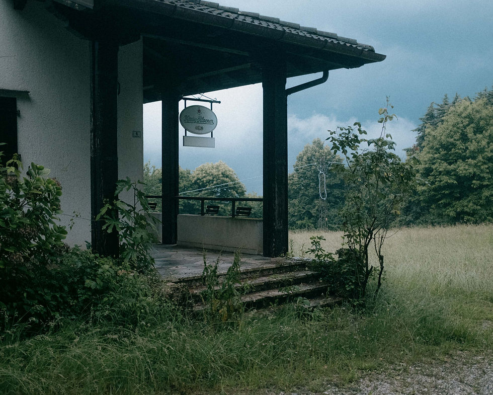 Facade of a house with a terrace bordering a forest.