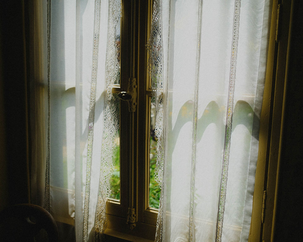 Sunny window with white curtains and garden outside.