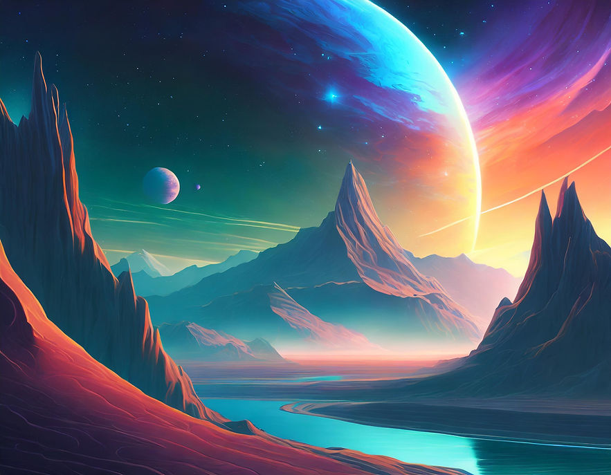 Firefly a view of space sky of another planet with mountains and ocean scenery scifi style