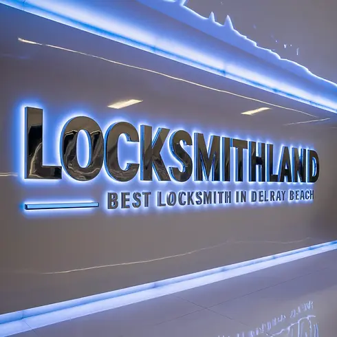 Illuminated Locksmithland wall sign showcasing Best Locksmith in Delray Beach