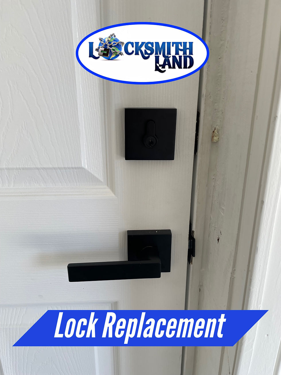 Luxury door lock set in matt black on white bedroom door