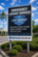 Tall vertical roadside sign for emergency lockout services in Delray Beach with bold car l