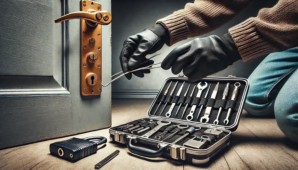 A locksmith’s toolkit beside a locked door, with a locksmith’s hand reaching for tools, representing the expertise of a professional locksmith in emergency lockouts.
