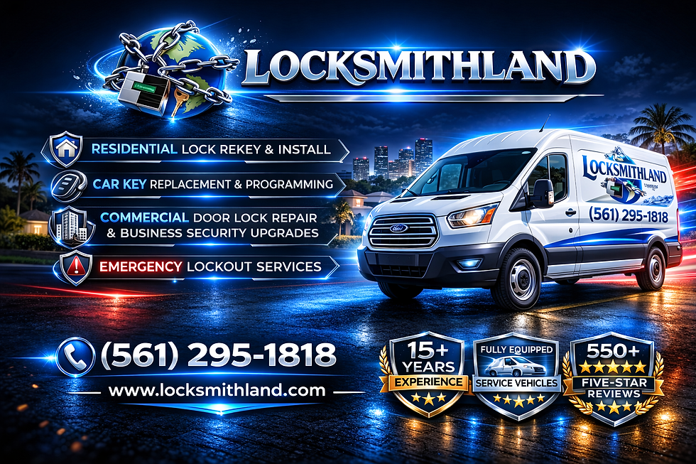 Locksmithland image showing a branded van with contact info. Highlights residential, car, commercial, and emergency services. Night city backdrop.