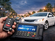 Car key programming device and key fob in Downtown Delray Beach with vehicle in background during twilight