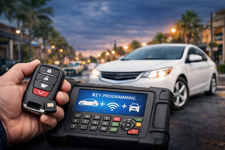 Car key programming device and key fob in Downtown Delray Beach with vehicle in background during twilight