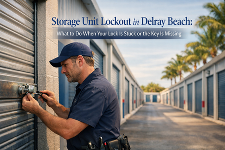 Professional locksmith working on a stuck storage unit lock at a Delray Beach storage facility with palm trees and South Florida atmosphere in the background
