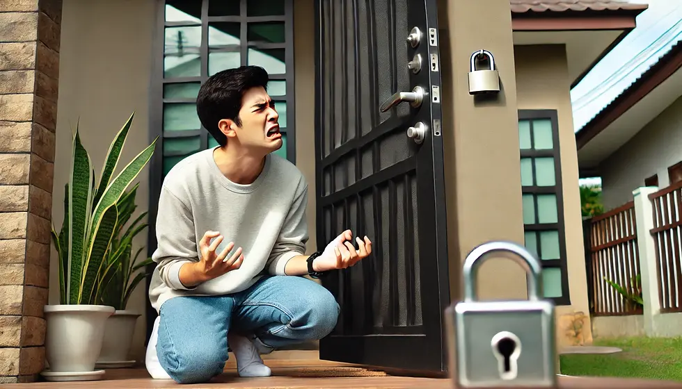 A person stands outside a house, looking frustrated as they realize they are locked out, with a focus on their facial expression and the locked door in the background.