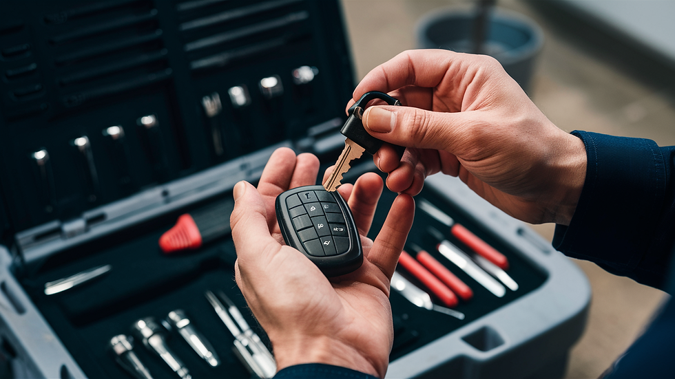 A close-up of a hand holding a car key against a blurred background featuring an array of locksmith tools, emphasizing the precision and hands-on expertise of an auto locksmith at work.