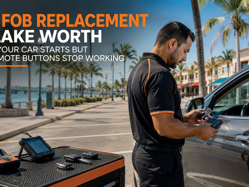 Professional automotive locksmith programming and replacing a key fob beside an SUV in Lake Worth, with a scenic waterfront and palm-lined street in the background and the blog title Key Fob Replacement in Lake Worth When Your Car Starts but the Remote Buttons Stop Working.