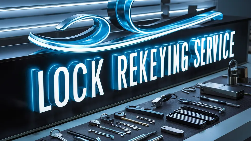 Tools for lock rekeying on a workbench. Neon sign in blue reads "LOCK REKEYING SERVICE." Modern, organized, professional setting.