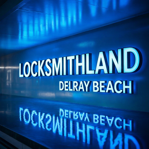 Locksmithland logo in blue illuminated hallway mobile locksmith in Delray Beach FL for car key replacement lockout service and residential commercial locksmith