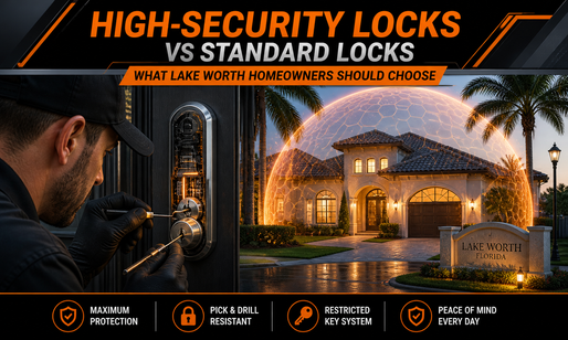 high-security lock installation in Lake Worth with locksmith testing lock picking resistance on modern door and protected home with security shield in residential neighborhood