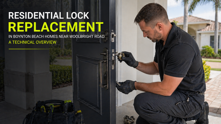 Locksmith replacing a residential door lock on a modern Boynton Beach home near Woolbright Road with tools visible and a clean outdoor entryway