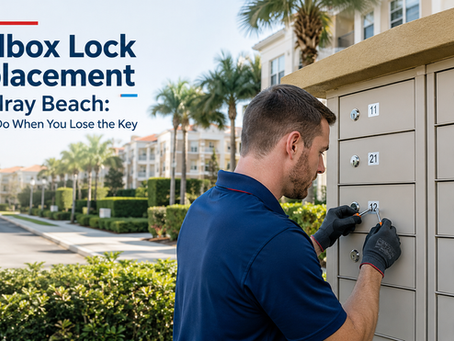 Professional locksmith replacing a residential community mailbox lock in Delray Beach with palm trees, condo buildings, and secure neighborhood surroundings in the background