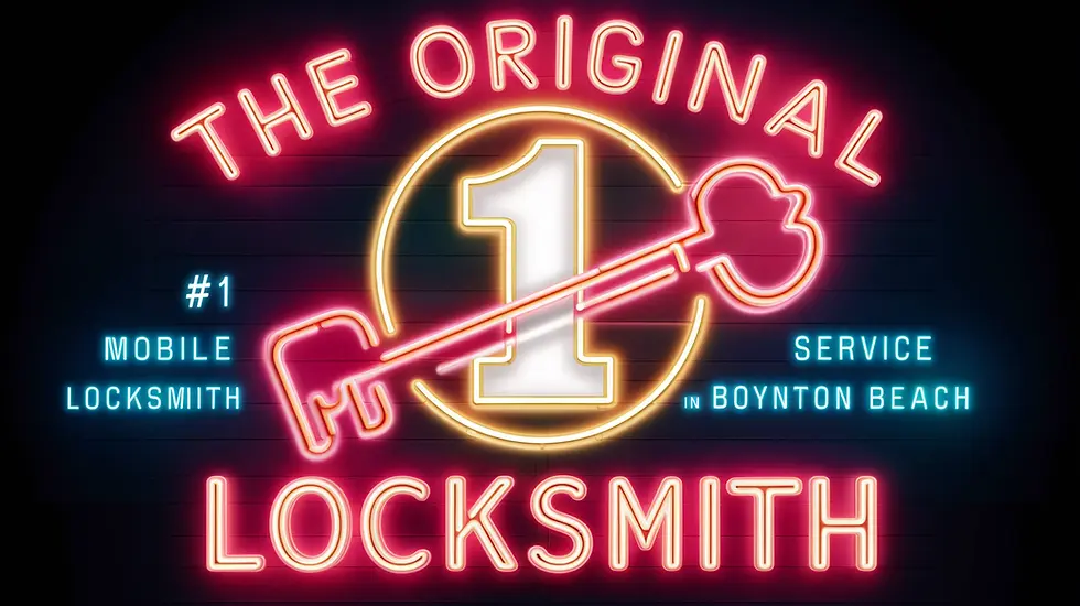 A billboard featuring a neon sign that reads: "The Original Locksmith". underneath it reads "Mobile Locksmith Service in Boynton Beach".
