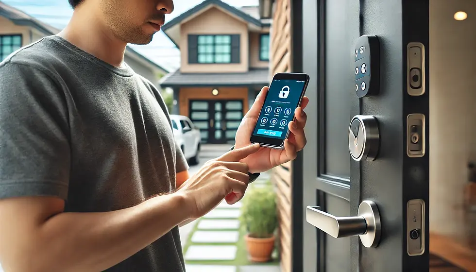 A homeowner checking their smartphone while standing in front of their house, with the smart lock app open, demonstrating the convenience of remote lock access in lockout prevention.