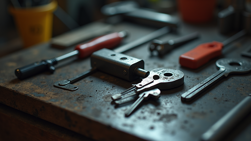 Close-up view of a locksmith's tools on a workbench