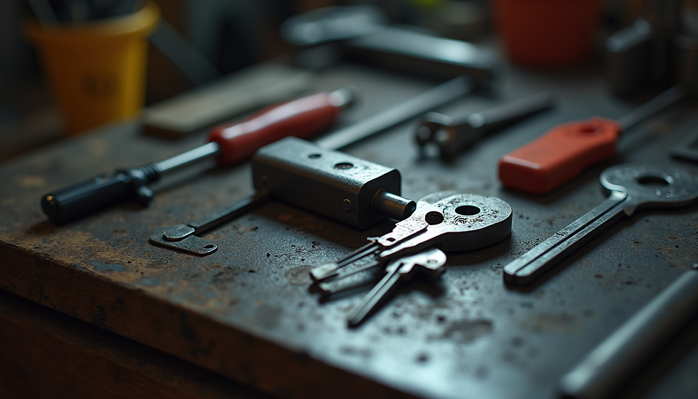 Close-up view of a locksmith's tools on a workbench