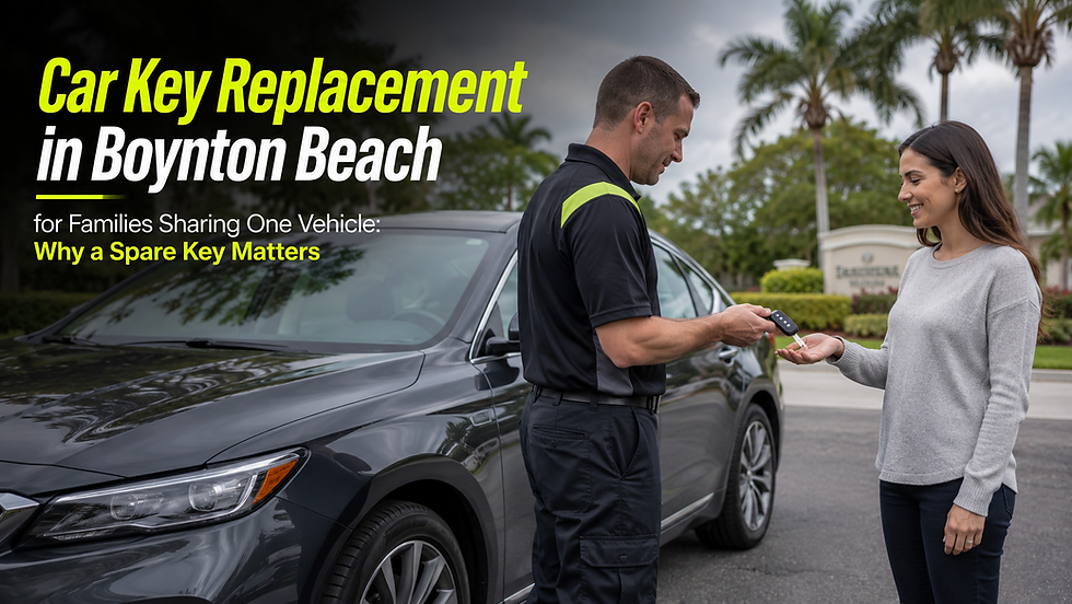 Locksmith providing a replacement car key to a vehicle owner in Boynton Beach, highlighting the importance of having a spare key for families sharing one vehicle.