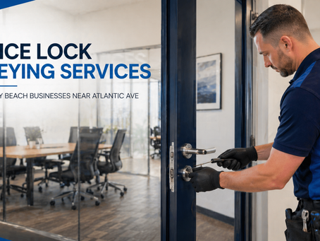 Locksmith rekeying a commercial office door lock inside a modern glass office near Atlantic Avenue in Delray Beach