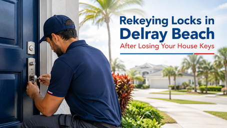 Professional locksmith rekeying a residential front door in Delray Beach after a homeowner lost their house keys, with a modern Florida neighborhood in the background and the blog title Rekeying Locks in Delray Beach After Losing Your House Keys.