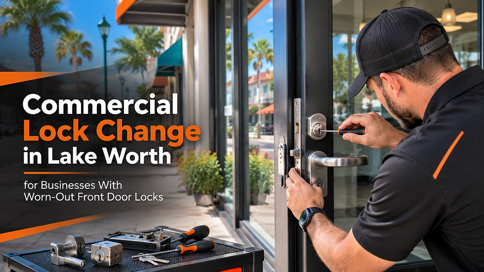 Professional locksmith replacing a worn commercial front door lock at a Lake Worth business storefront, demonstrating secure commercial lock change services for local businesses.