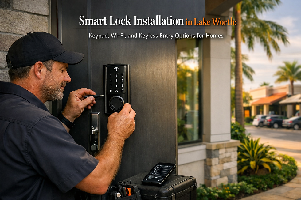 Professional locksmith installing a modern smart lock with keypad entry on a residential front door in Lake Worth, Florida with tropical landscaping and upscale home exterior
