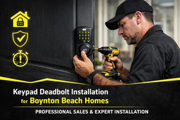 Locksmith installing a black keypad deadbolt on a residential door in Boynton Beach with neon yellow security icons and clean black and gray design accents