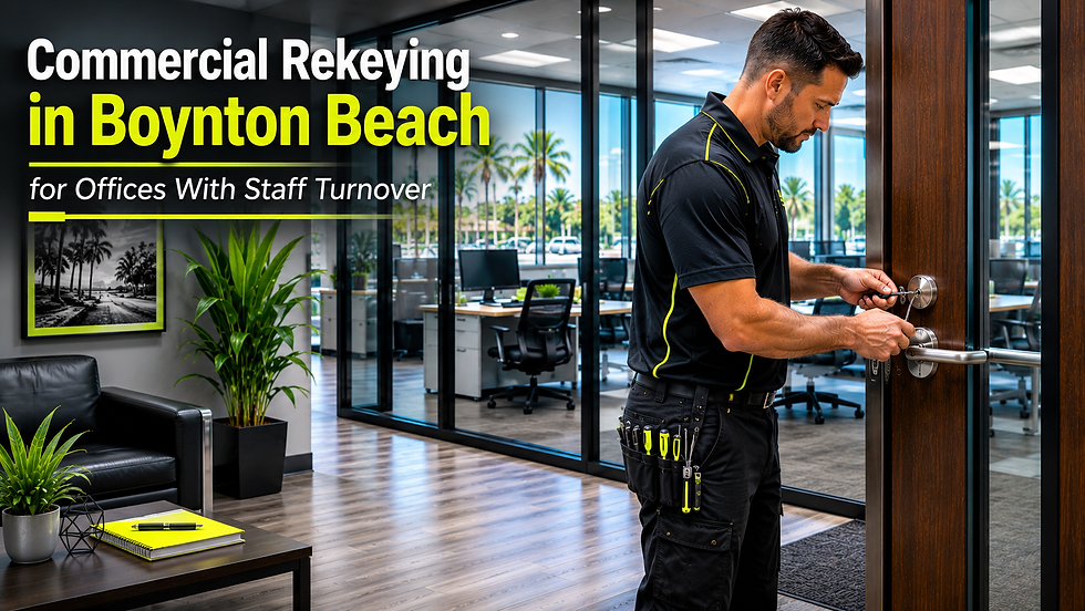 Professional locksmith rekeying a commercial office door in a modern Boynton Beach office, illustrating commercial rekeying services after employee turnover with a secure business environment.